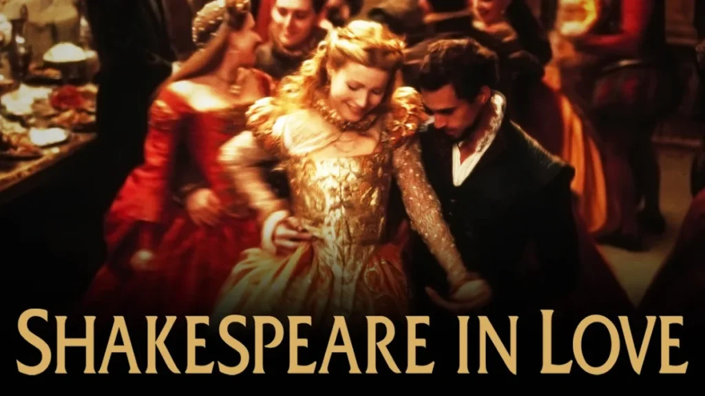 A promotional image for the movie "Shakespeare in Love" showing a joyous dancing scene with a woman in a golden Elizabethan gown