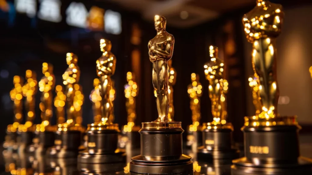 A collection of golden Oscar statuettes displayed on a dark surface, highlighted by warm, ambient lighting