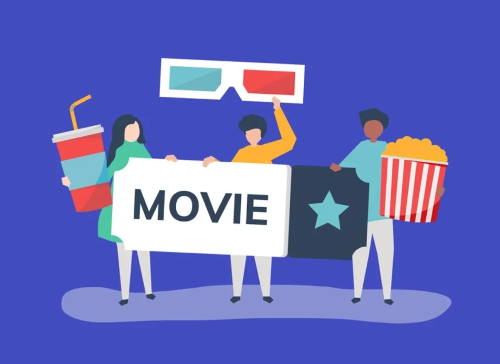 three diverse people holding typical cinema-related items: a large soda, a sign with the word "MOVIE