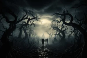 Dark forest with silhouettes walking