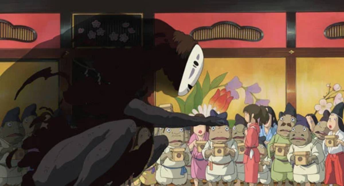 A mysterious spirit looms over a group of startled characters in traditional attire, surrounded by vibrant decorations.