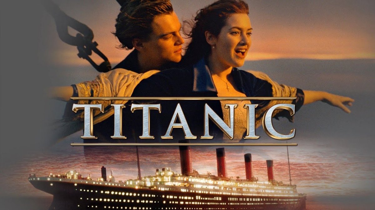 Movie poster for Titanic featuring the iconic ship and silhouettes of two characters in an emotional pose against a sunset backdrop.
