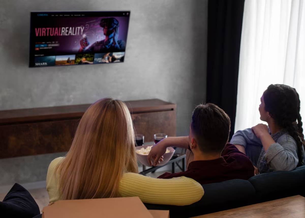 A group of friends relaxes on a couch, watching a virtual reality-themed show on a flat-screen TV, with snacks and drinks on the table.