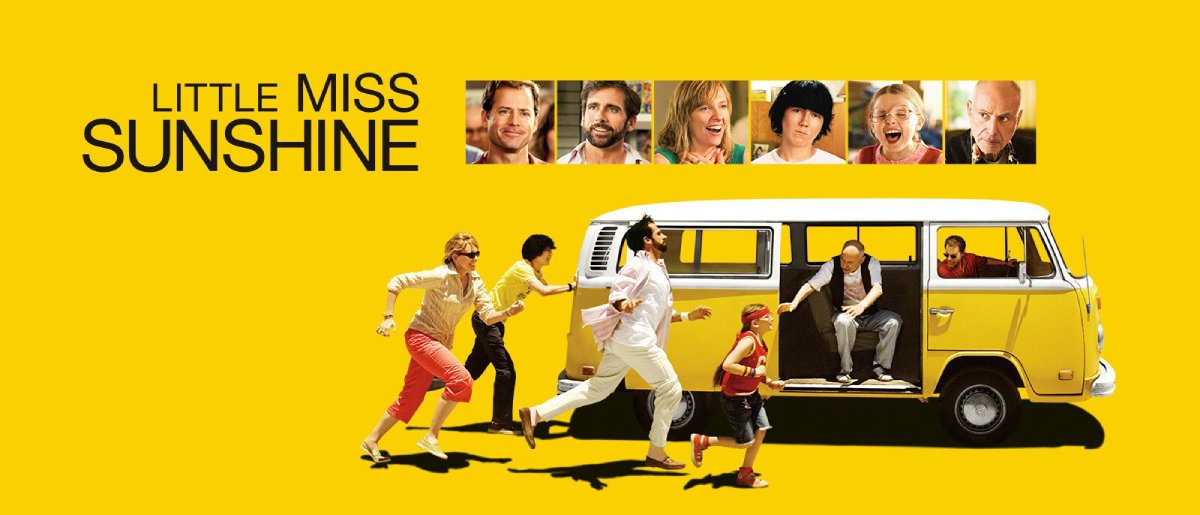 A vibrant yellow backdrop features a yellow Volkswagen van with several characters energetically running toward it, inspired by 