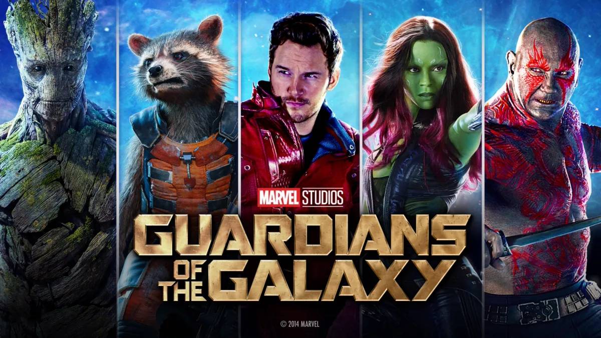 A group of five iconic characters from Guardians of the Galaxy, featuring vibrant costumes and a cosmic background.